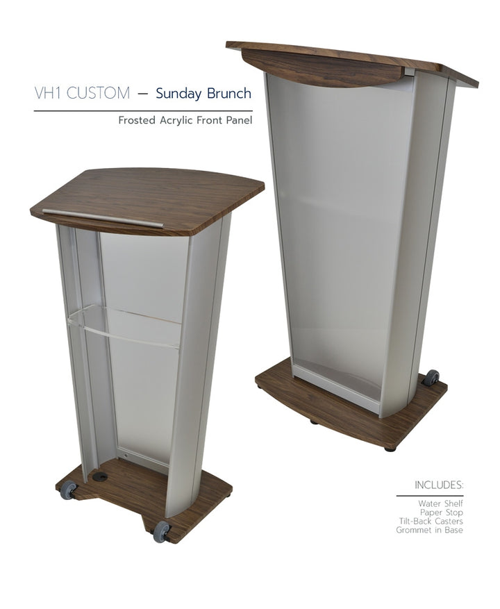 VH1 Custom Aluminum Lectern, sunday brunch, frosted acrylic front panel
