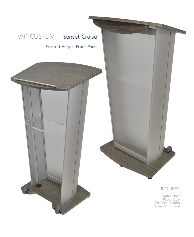VH1 Custom Aluminum Lectern, sunset cruise, frosted acrylic front panel