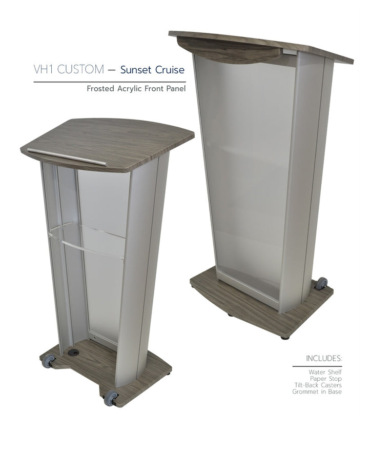 VH1 Custom Aluminum Lectern, sunset cruise, frosted acrylic front panel