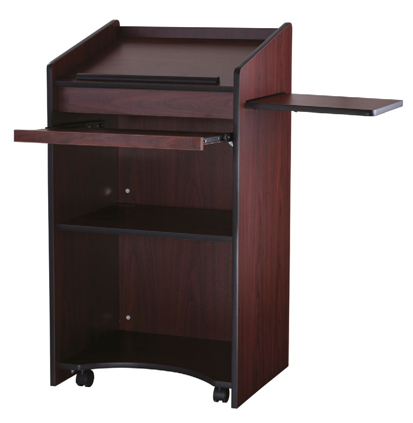 Rolling Lectern with Keyboard Tray: Aristocrat 600, mahogany, front three-quarter view