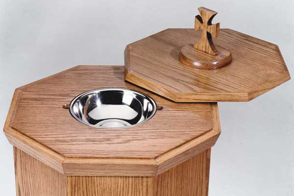 NO 400 baptismal font with the cover swung open showing the removable stainless steel bowl