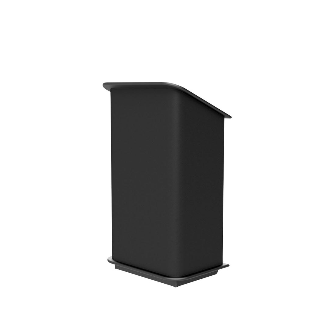 Carpeted Floor Lectern with Solid Oak Trim and Rear Casters, front view, black oak trim
