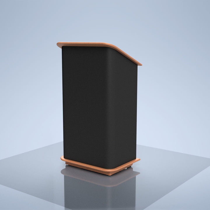 Carpeted Floor Lectern with Solid Oak Trim and Rear Casters, front view, natural oak trim