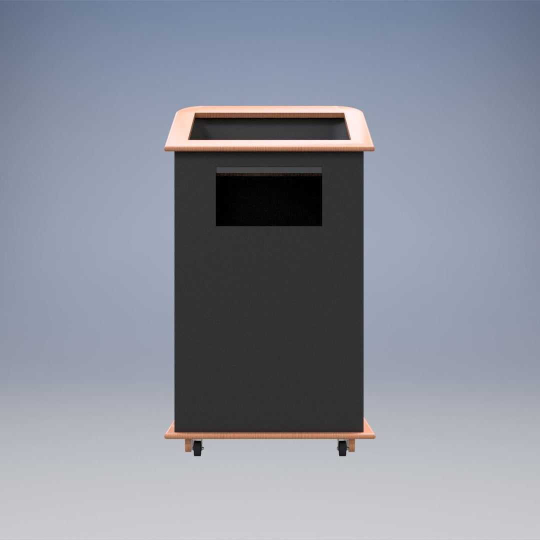 Carpeted Floor Lectern with Solid Oak Trim and Rear Casters, speaker side with shelf and casters