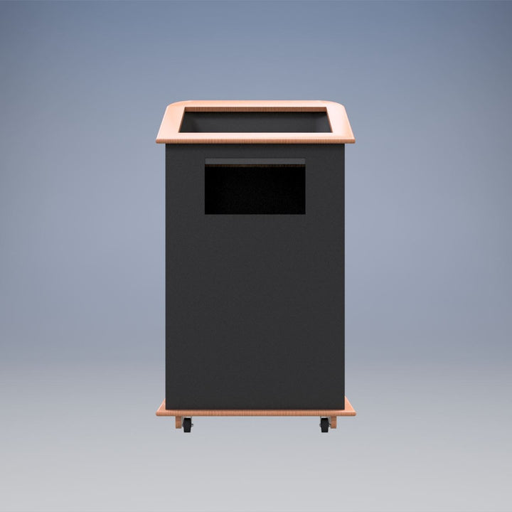Carpeted Floor Lectern with Solid Oak Trim and Rear Casters, speaker side with shelf and casters