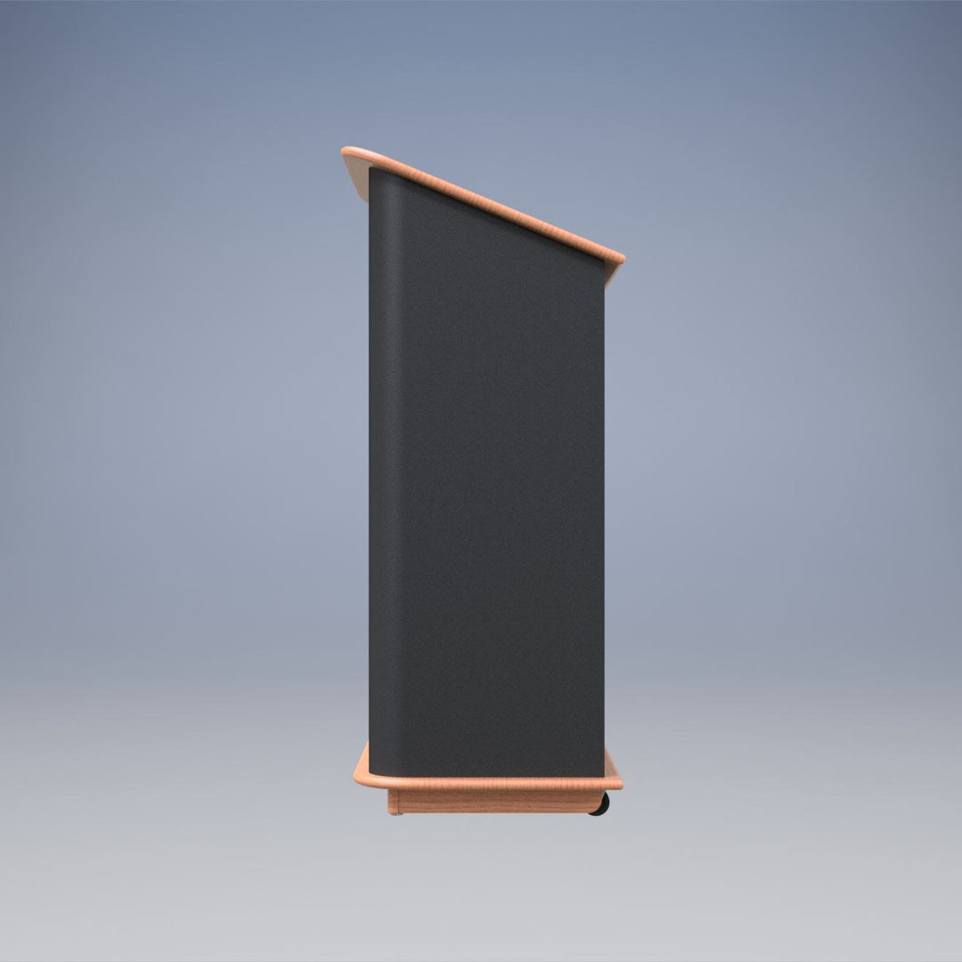 Carpeted Floor Lectern with Solid Oak Trim and Rear Casters, side view