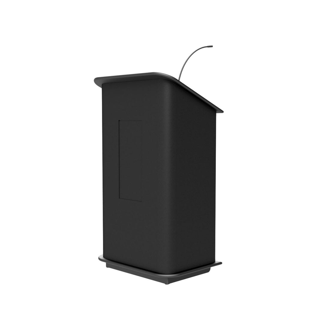 Carpeted Floor Lectern with Solid Oak Trim and Rear Casters, with the optional sound system and gooseneck microphone