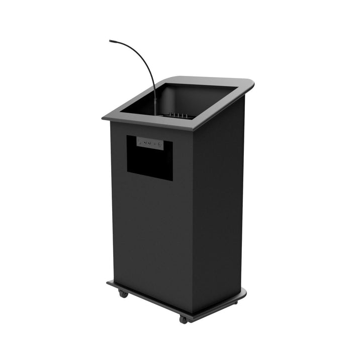 Carpeted Floor Lectern with Solid Oak Trim and Rear Casters, optional sound system, speaker side
