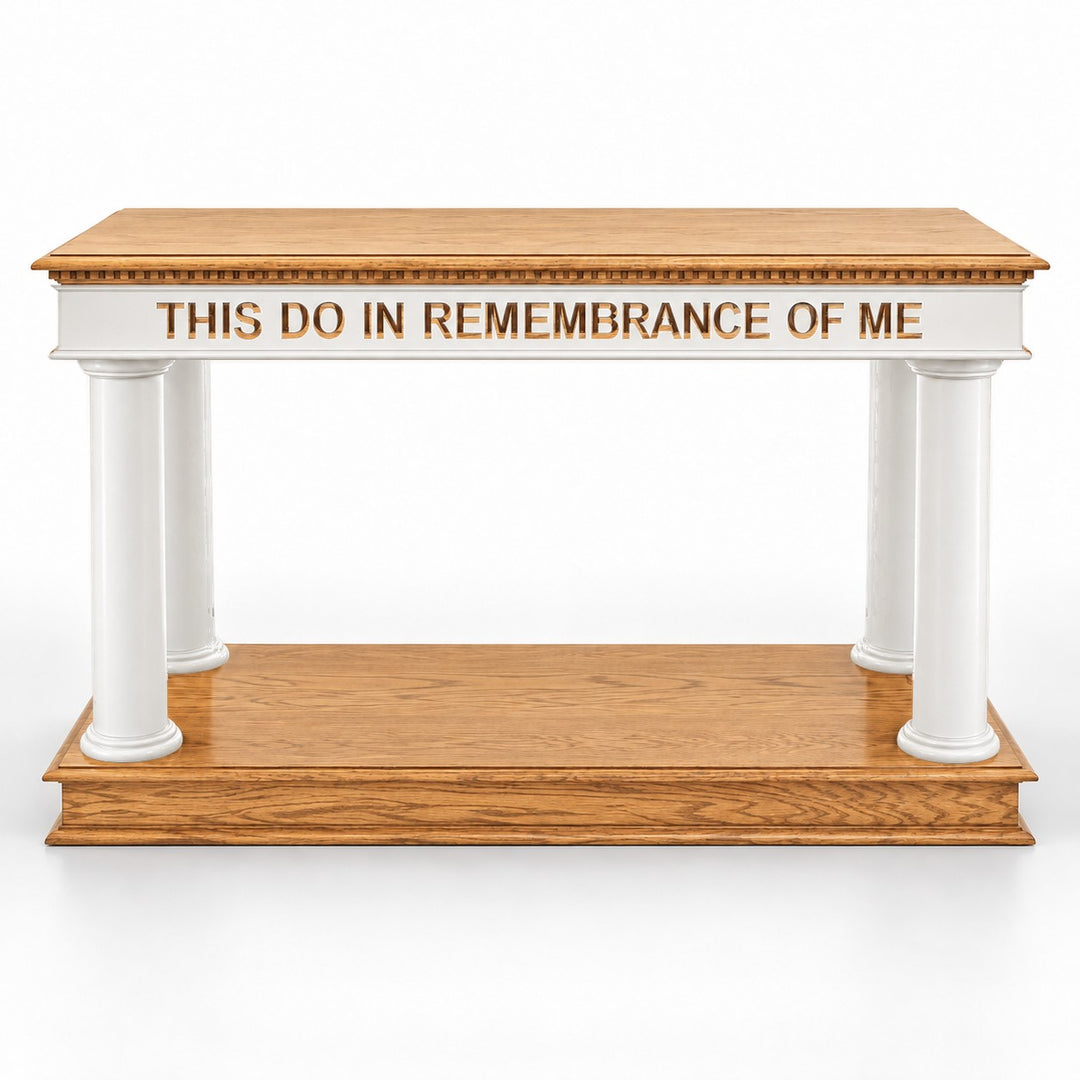 834AS communion table in white with Light Oak top and base, stain 35 #pdvariant