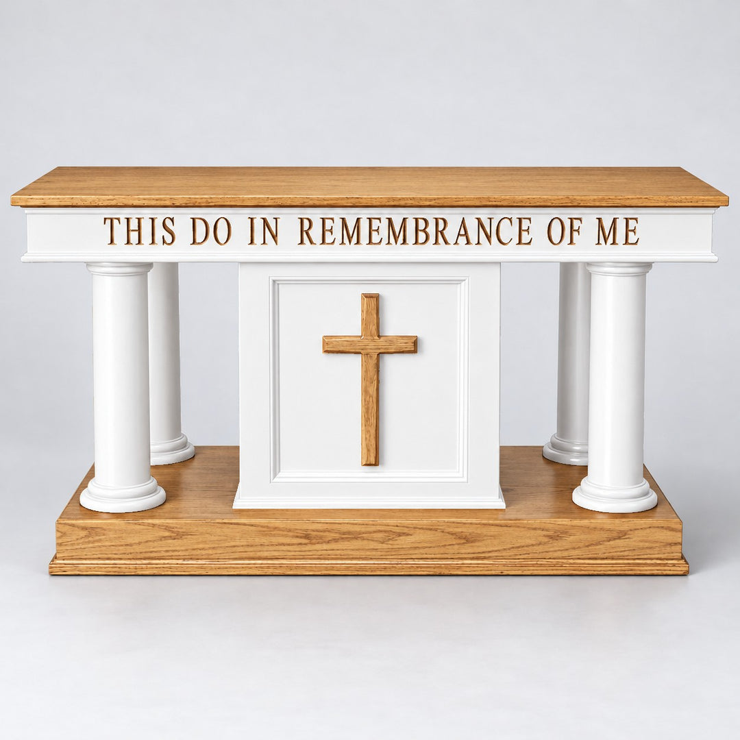 Solid Oak Four-Column Communion Table: 810-CU in Light Oak, White w/Stained Top & Base #pdvariant