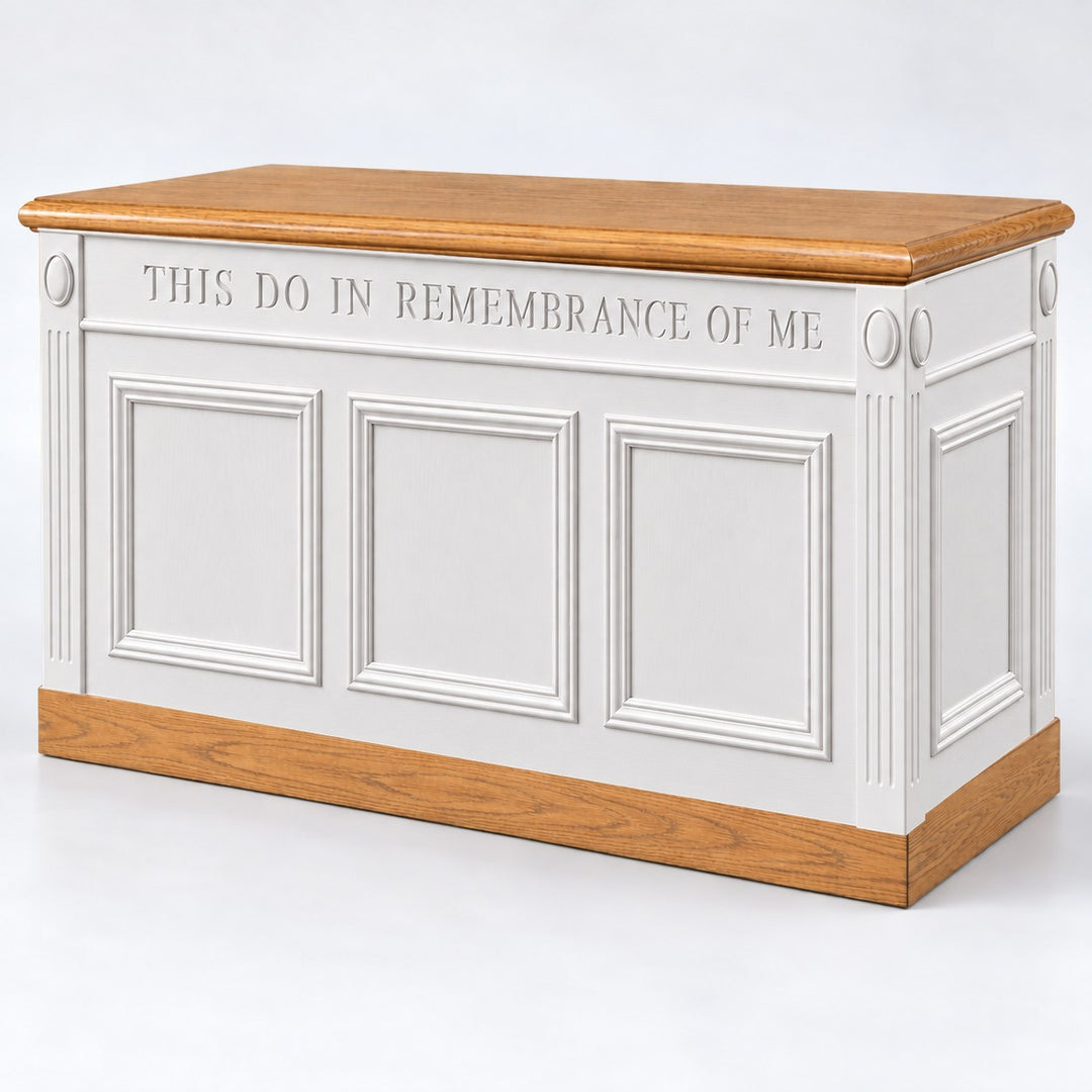 Solid Oak Colonial Closed Communion Table: TCT-605 in Light Oak, White w/Stained Top & Base #pdvariant