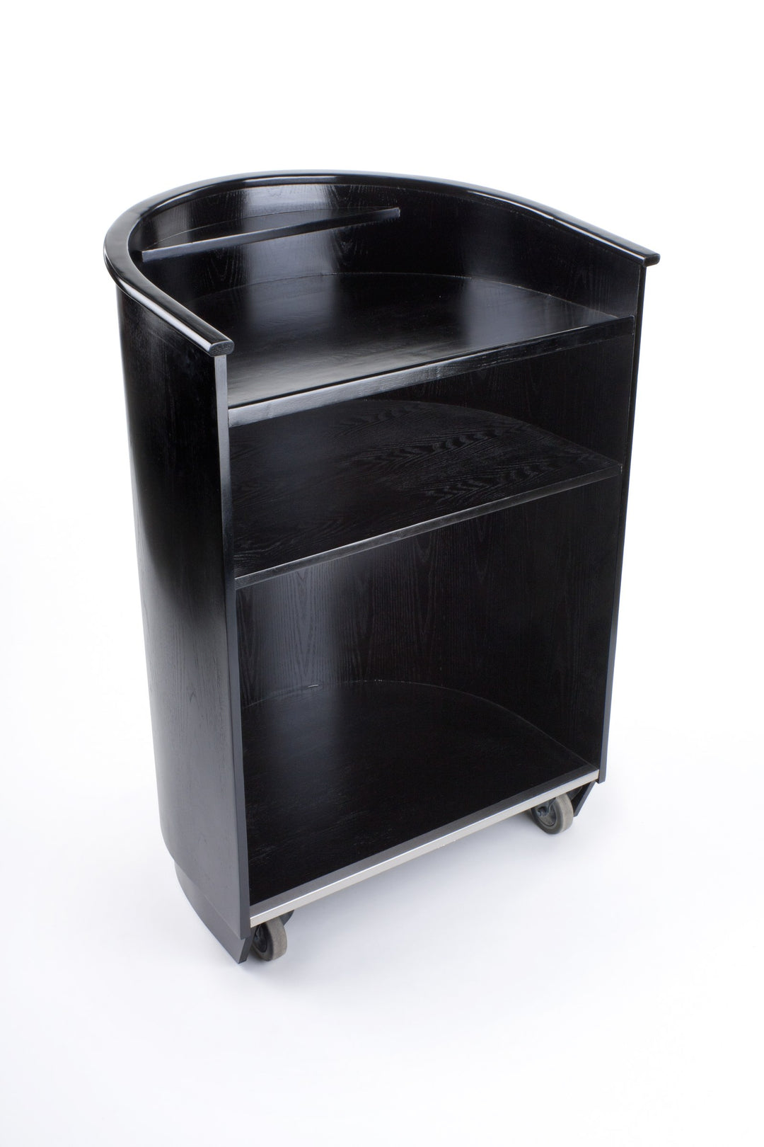 Curved Mobile Speech Lectern with Hidden Casters, Black, speaker side with shelves