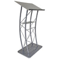 Curved Steel Truss Lectern with Built-In Shelf, Silver
