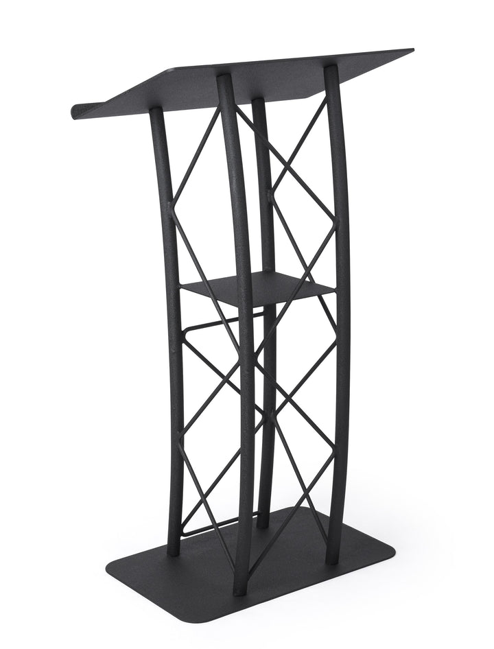 Curved Metal Truss Lectern with Shelf, Black, front view