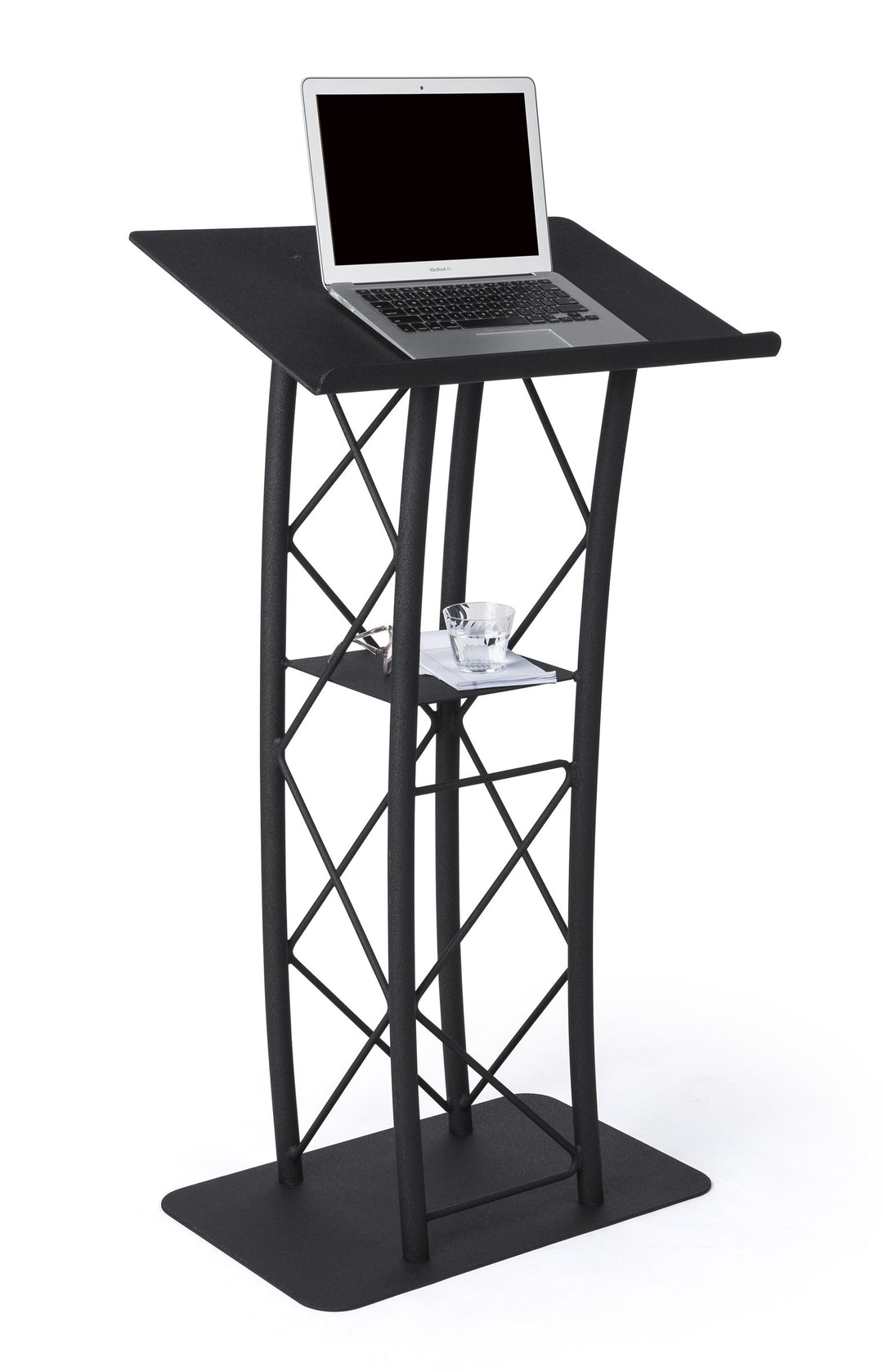Curved Metal Truss Lectern with Shelf, Black, with laptop