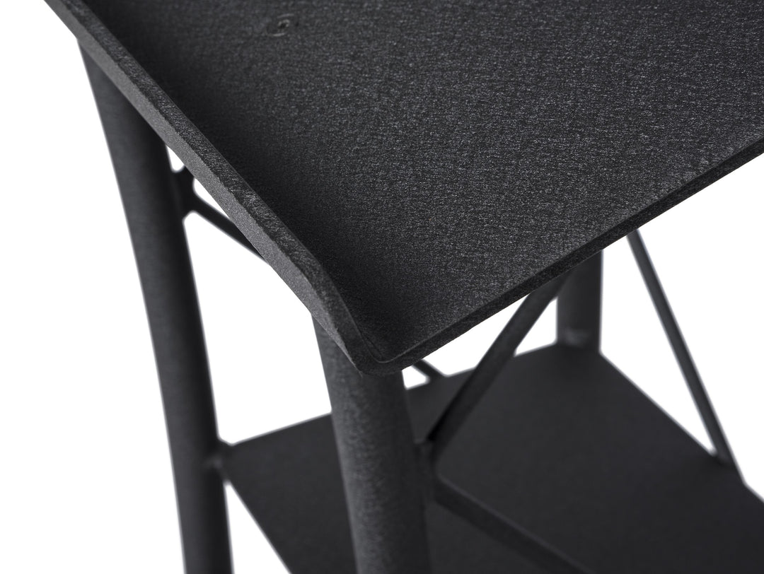 Curved Metal Truss Lectern with Shelf, Black, top corner detail