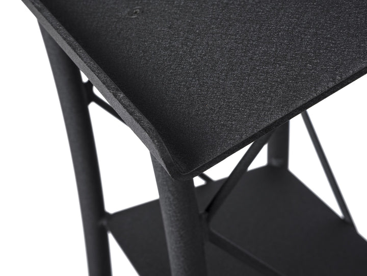 Curved Metal Truss Lectern with Shelf, Black, top corner detail