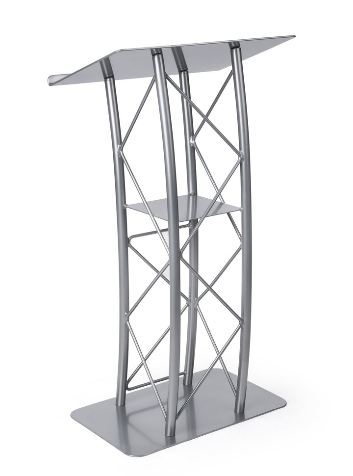 Curved Metal Truss Lectern with Shelf, Silver, front view