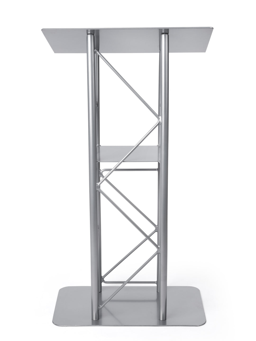Curved Metal Truss Lectern with Shelf, Silver, straight on