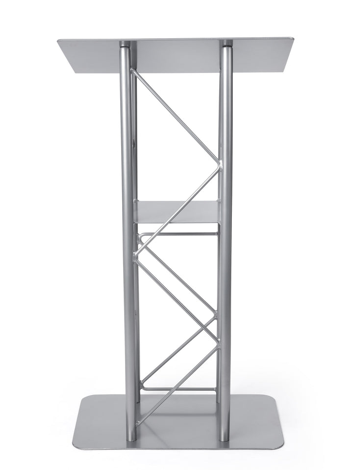 Curved Metal Truss Lectern with Shelf, Silver, straight on
