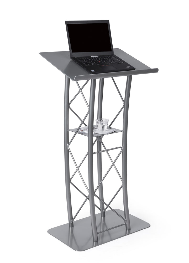 Curved Metal Truss Lectern with Shelf, Silver, with laptop
