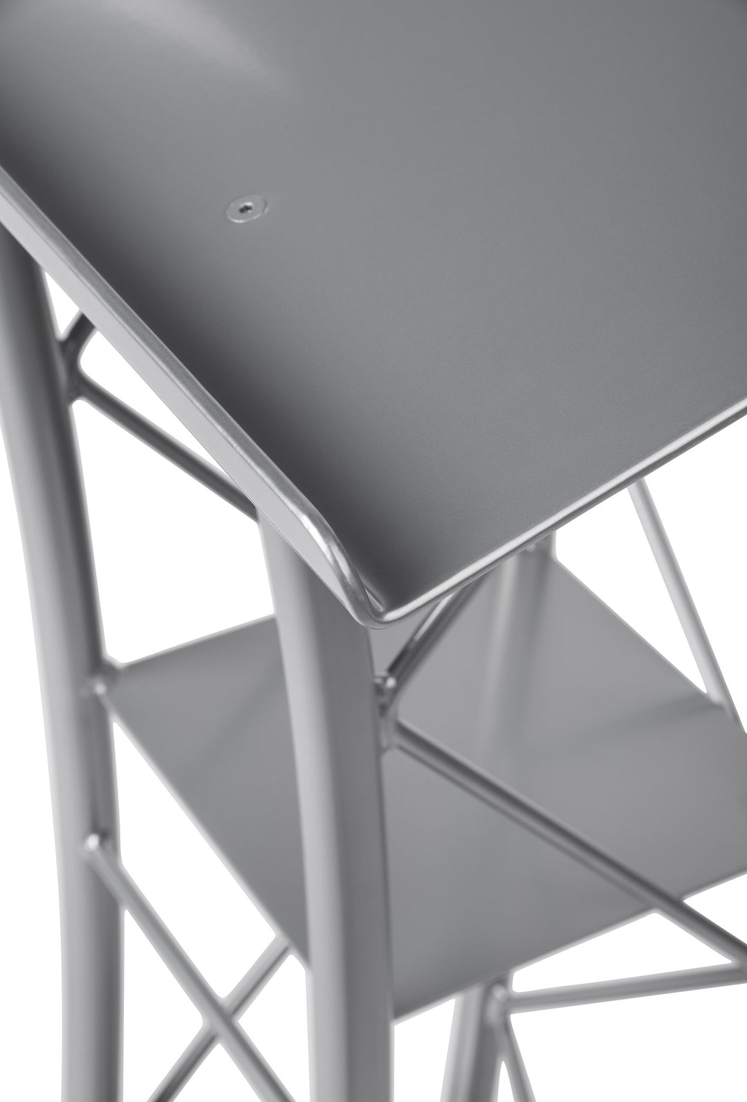 Curved Metal Truss Lectern with Shelf, Silver, top corner detail