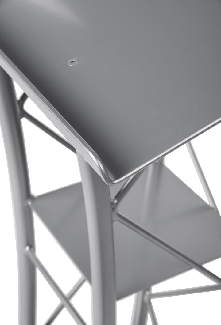Curved Metal Truss Lectern with Shelf, Silver, top corner detail