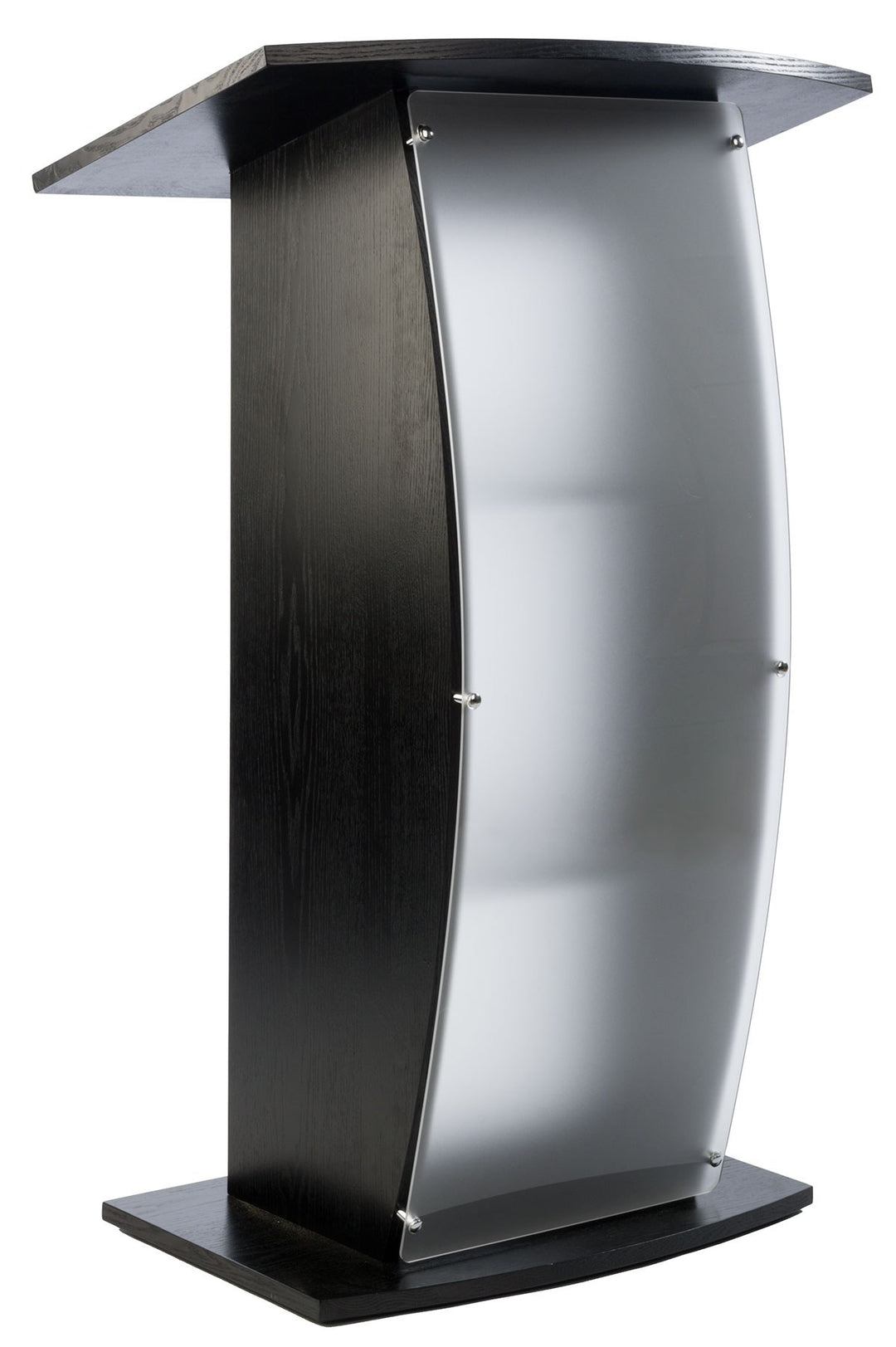 Curved Wood and Frosted Acrylic Pulpit with Shelves, Black, front view