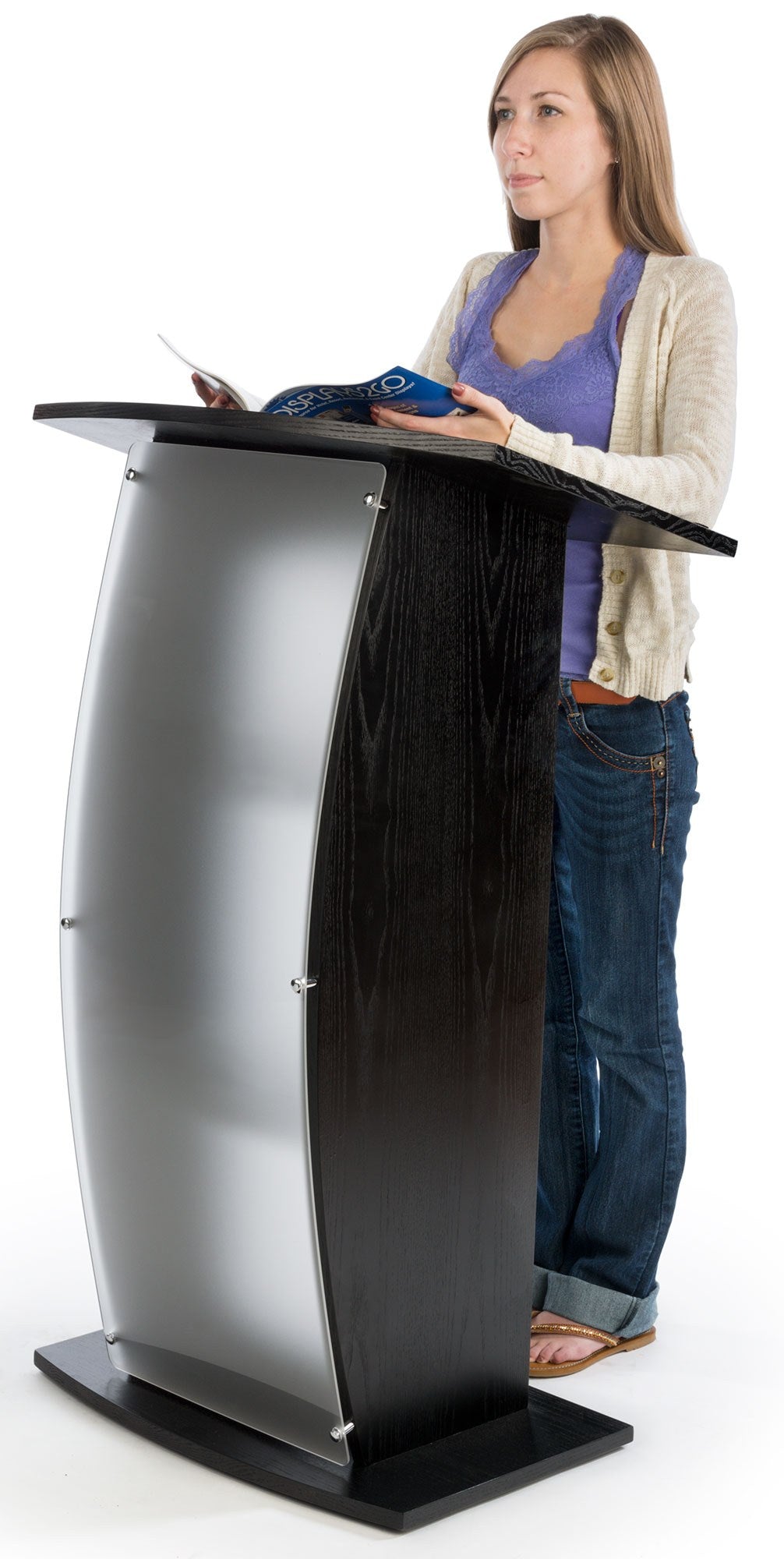 Curved Wood and Frosted Acrylic Pulpit with Shelves, Black, in use
