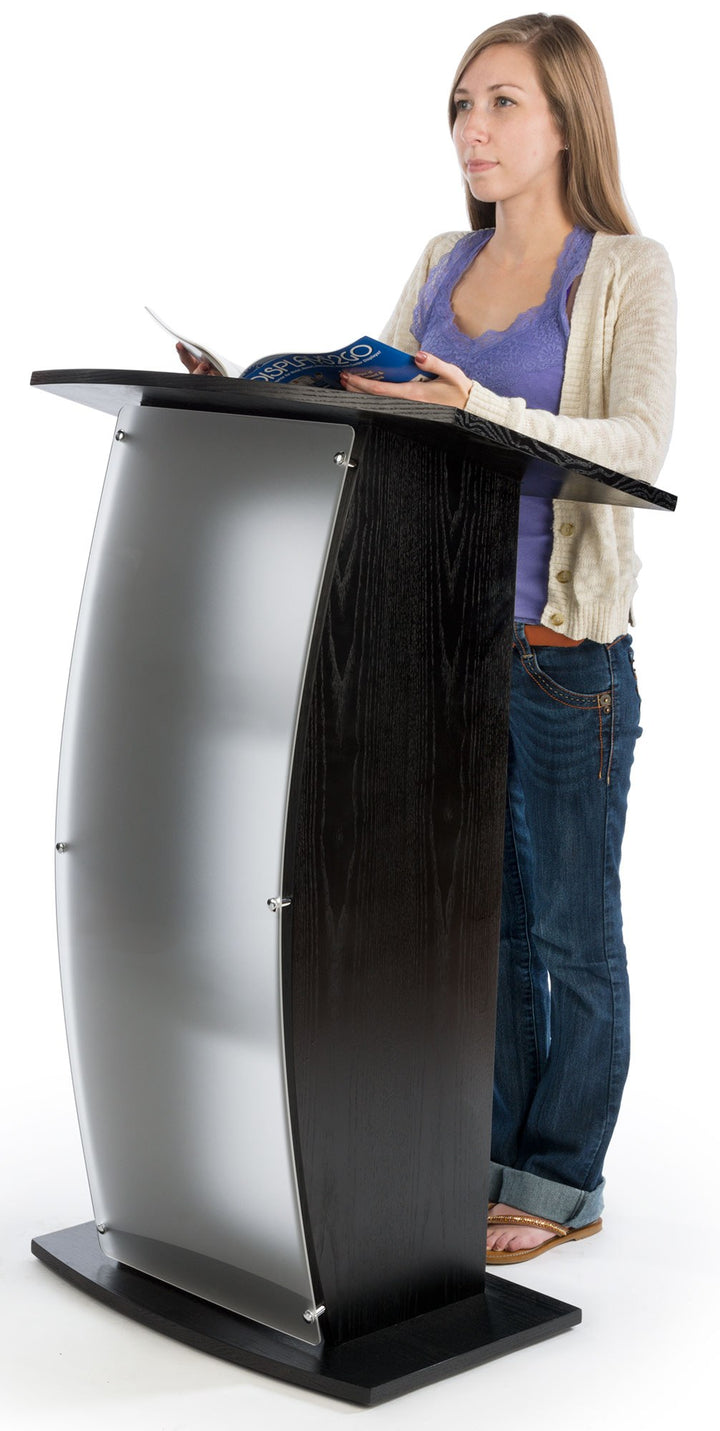 Curved Wood and Frosted Acrylic Pulpit with Shelves, Black, in use