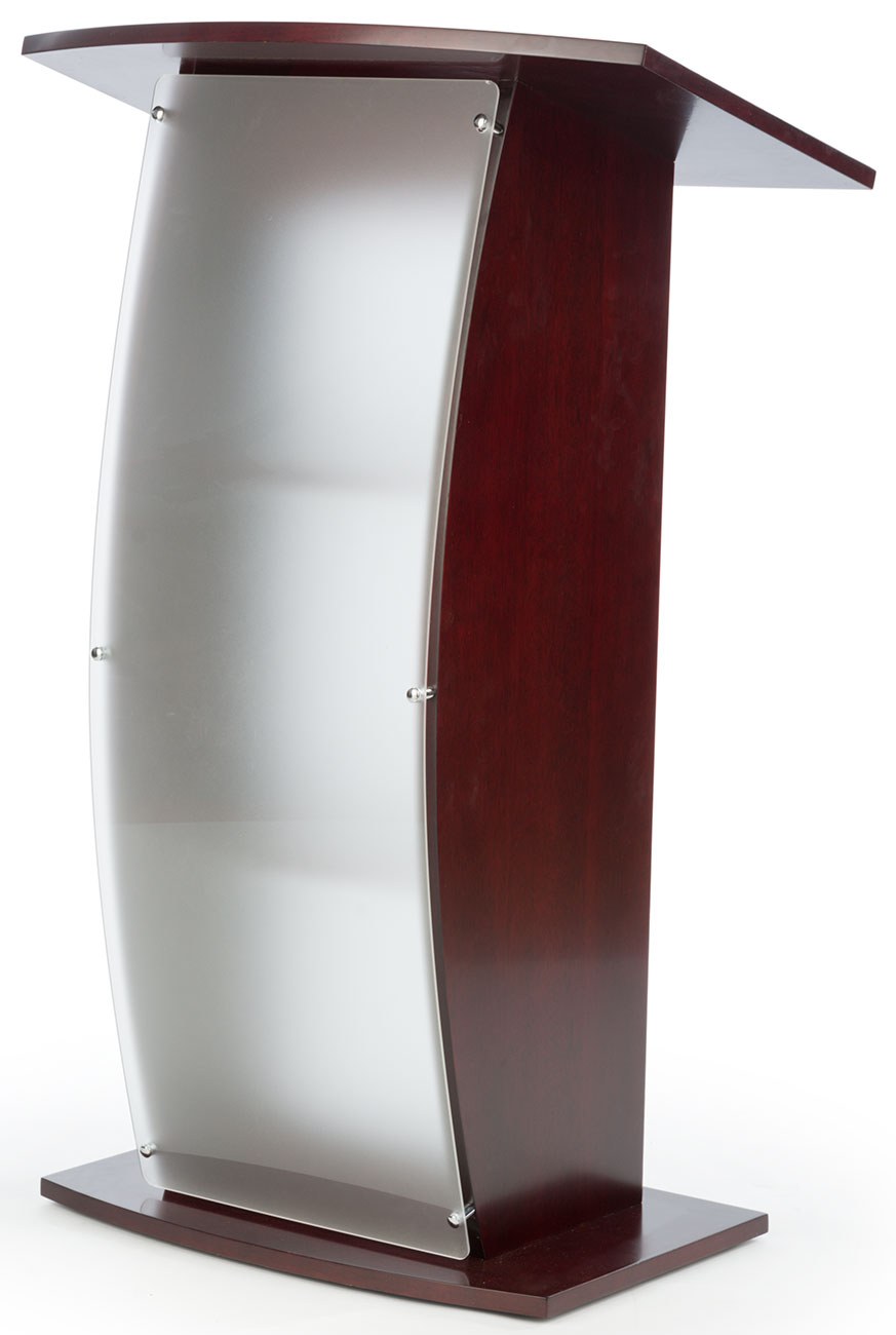 Curved Wood and Frosted Acrylic Pulpit with Shelves, Mahogany, front view
