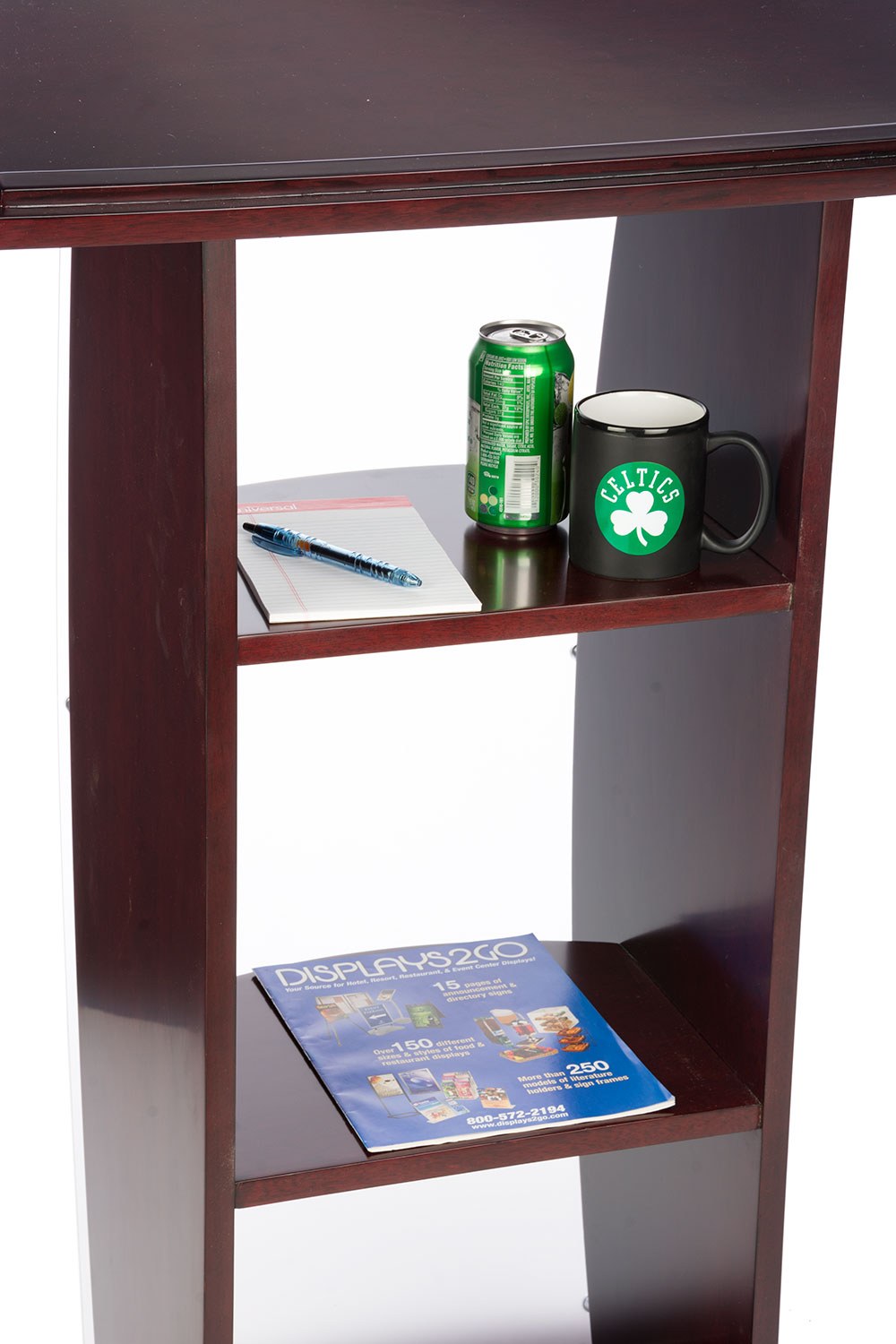Curved Wood and Frosted Acrylic Pulpit with Shelves, Mahogany, interior shelves