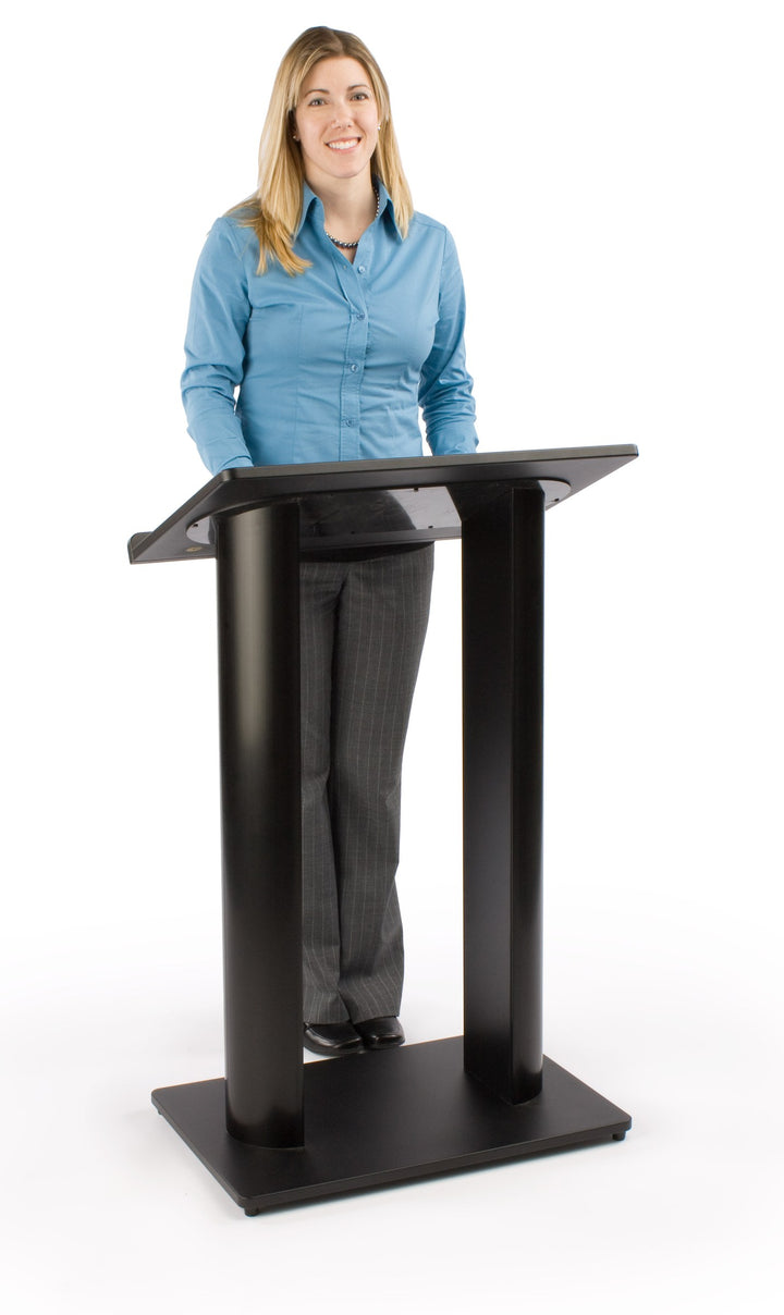 Contemporary Aluminum Truss Lectern with Double Columns, Black, in use