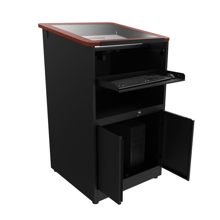 Downview Computer Lectern with Glass Monitor Window, Locking Cabinet, cherry woodgrain top, keyboard drawer out and cabinet open