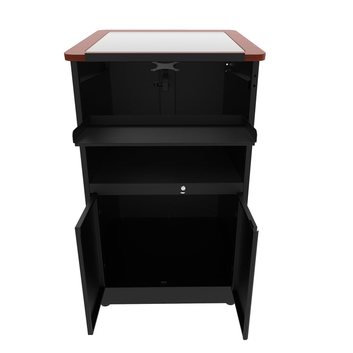 Downview Computer Lectern with Glass Monitor Window, Locking Cabinet, front view with cabinet open and monitor mount