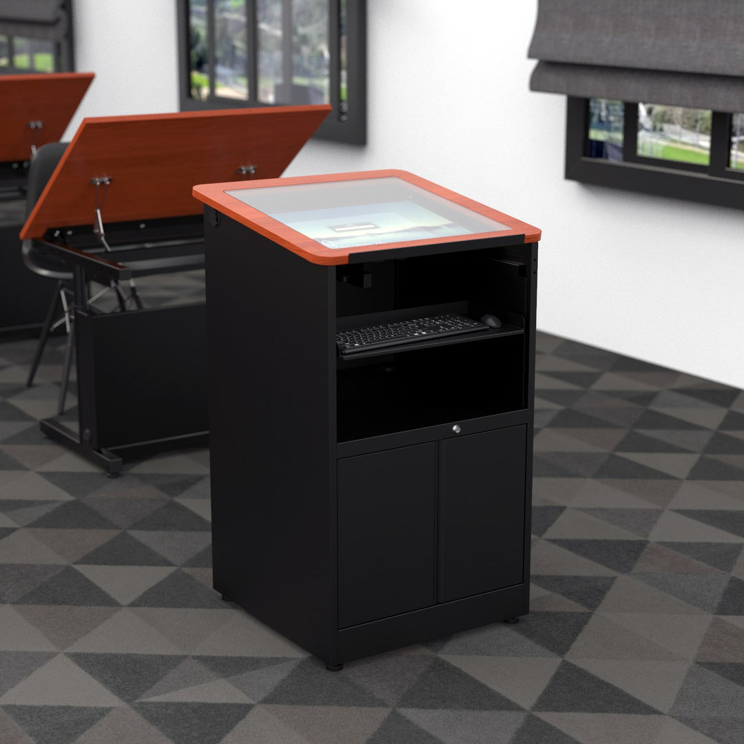 Downview Computer Lectern with Glass Monitor Window, Locking Cabinet, in a classroom