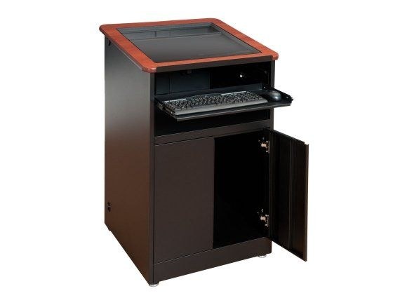 Downview Computer Lectern with Glass Monitor Window, Locking Cabinet, keyboard drawer out and one door open