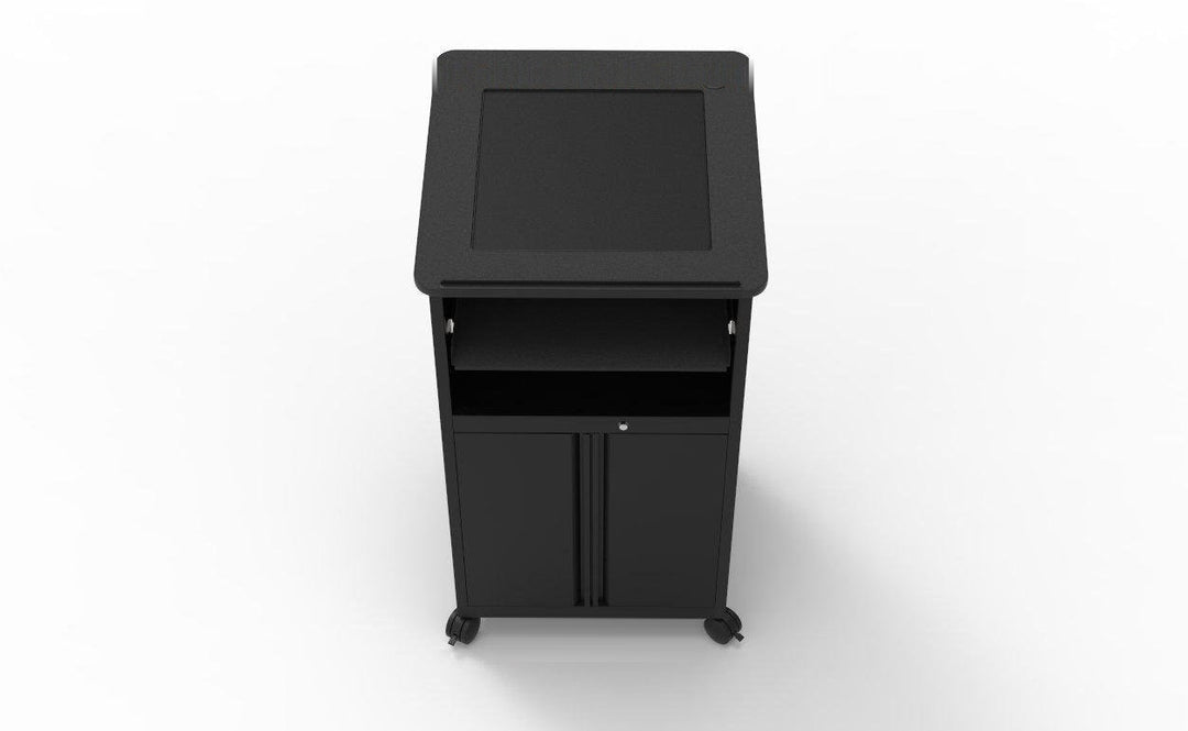 Downview Computer Lectern with Glass Monitor Window, Locking Cabinet, black matrix top
