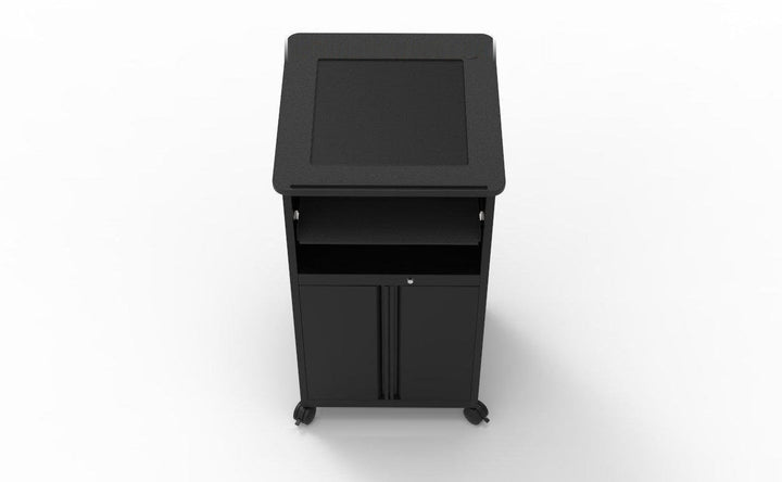 Downview Computer Lectern with Glass Monitor Window, Locking Cabinet, black matrix top