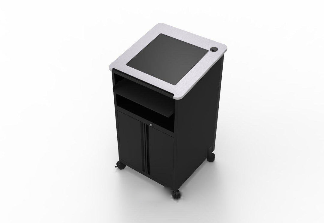 Downview Computer Lectern with Glass Monitor Window, Locking Cabinet, gray matrix top