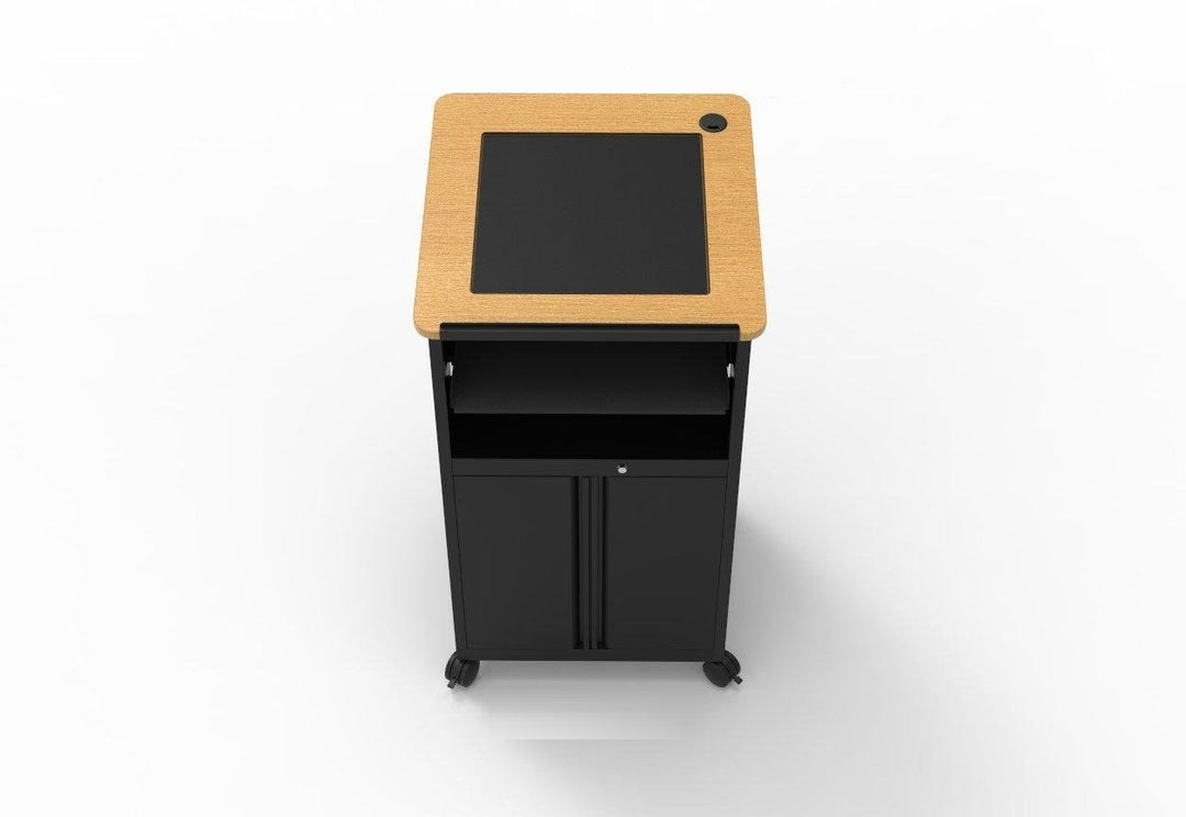 Downview Computer Lectern with Glass Monitor Window, Locking Cabinet, maple woodgrain top