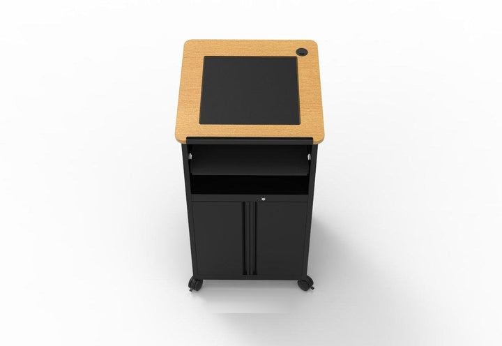 Downview Computer Lectern with Glass Monitor Window, Locking Cabinet, maple woodgrain top
