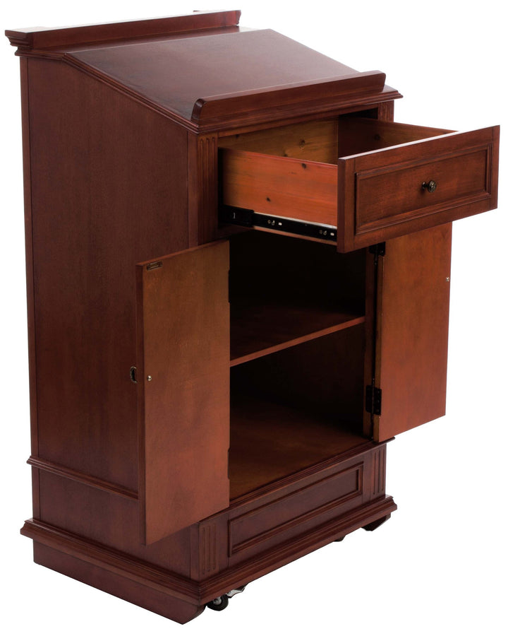 Executive Host Stand and Valet Podium with Storage Cabinet, Cherry, drawer and cabinet open