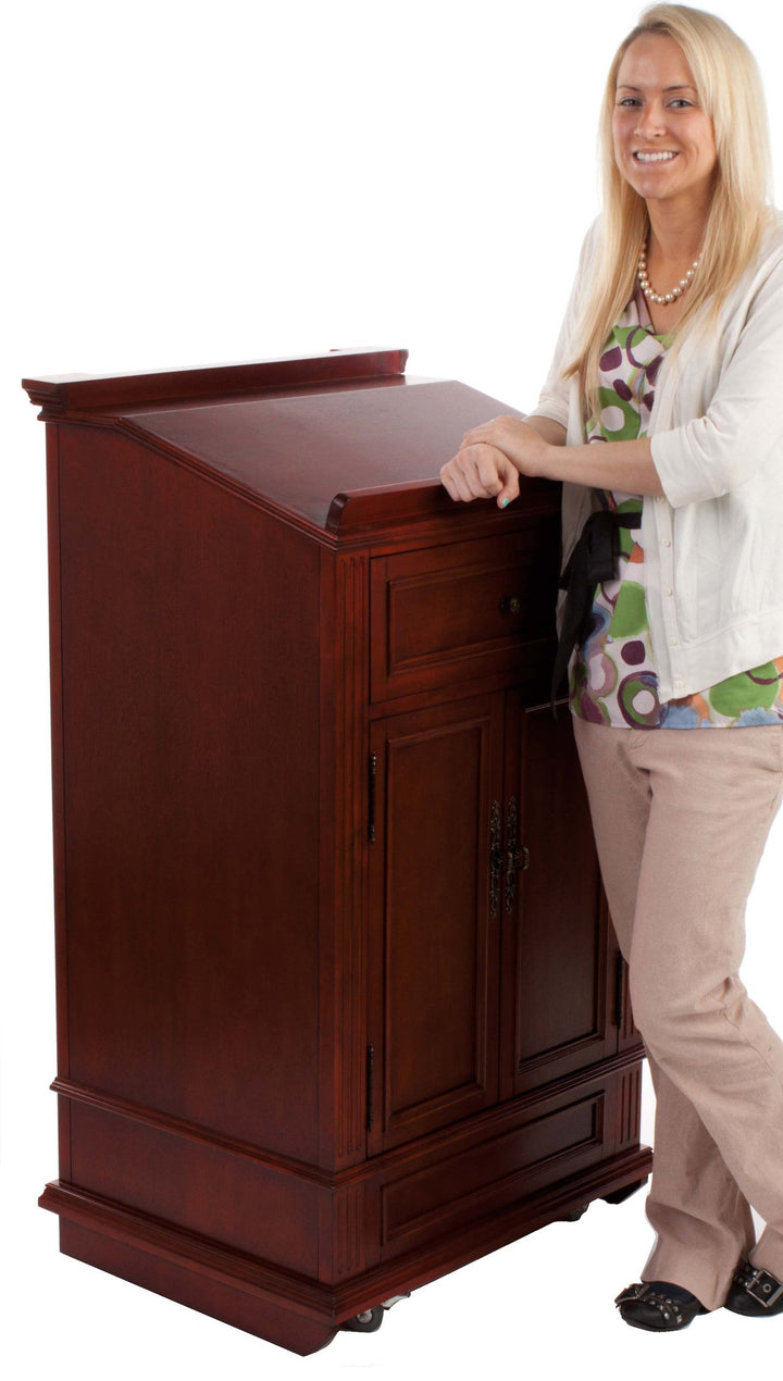 Executive Host Stand and Valet Podium with Storage Cabinet, Cherry, in use