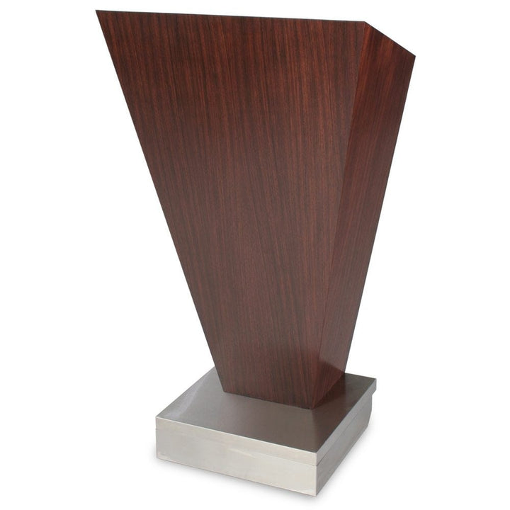 Tapered wood veneer lectern on a brushed stainless steel base, front view