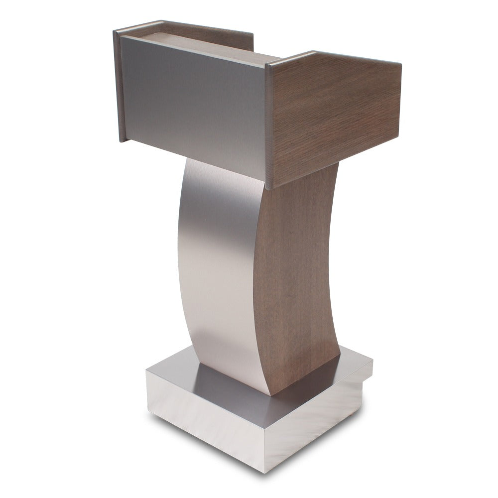 Pedestal wood lectern with curved stainless steel front, angled view