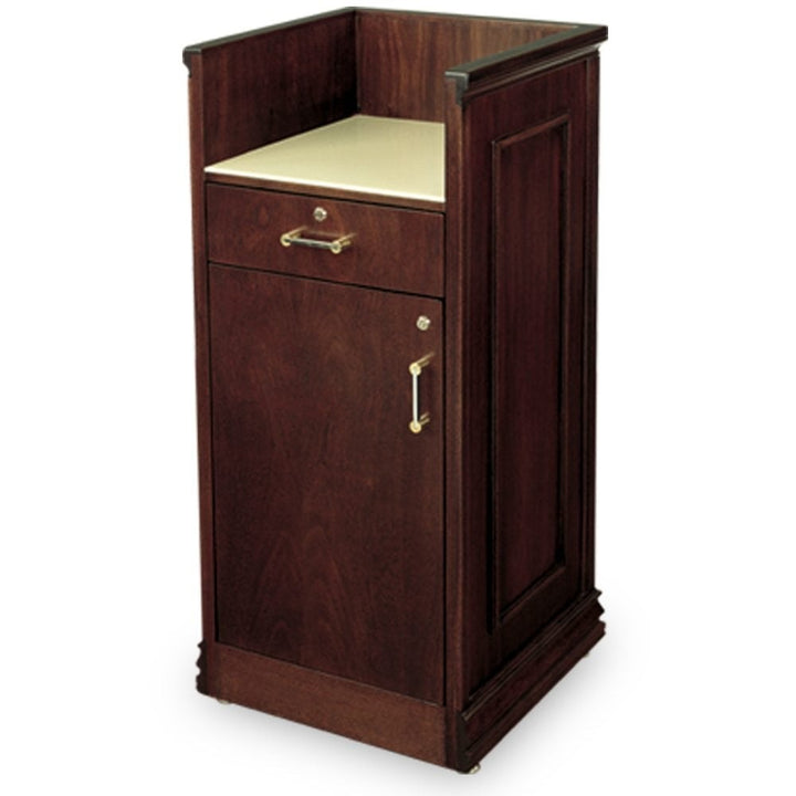 Compact host station, staff side with counter, locking drawer and lockable compartment
