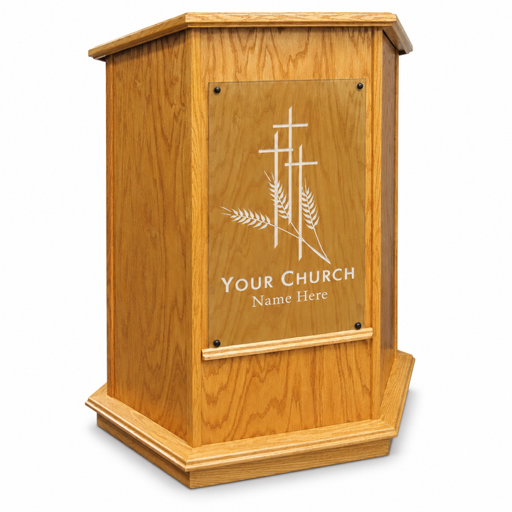 Oak Pulpit with Etched Glass Logo Panel: Foundation [NC10W] — product view
