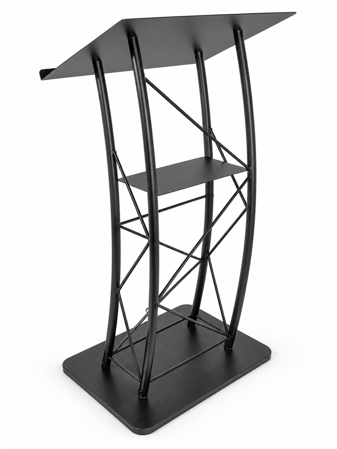 Curved Steel Truss Lectern with Built-In Shelf, Black — product view