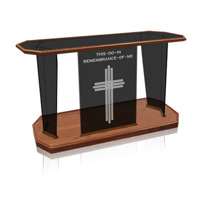 Glass Communion Table with Etched Scripture: Elegance [NC41], tinted glass with horizontal wood trim and base, front view